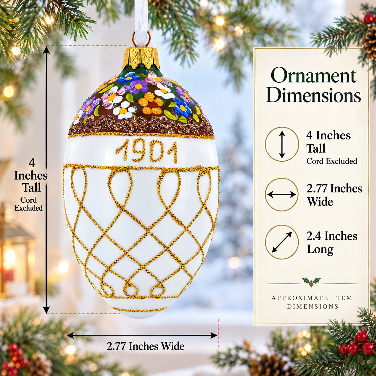 1901 Basket of Flowers Royal Egg Glass Ornament 4 Inches