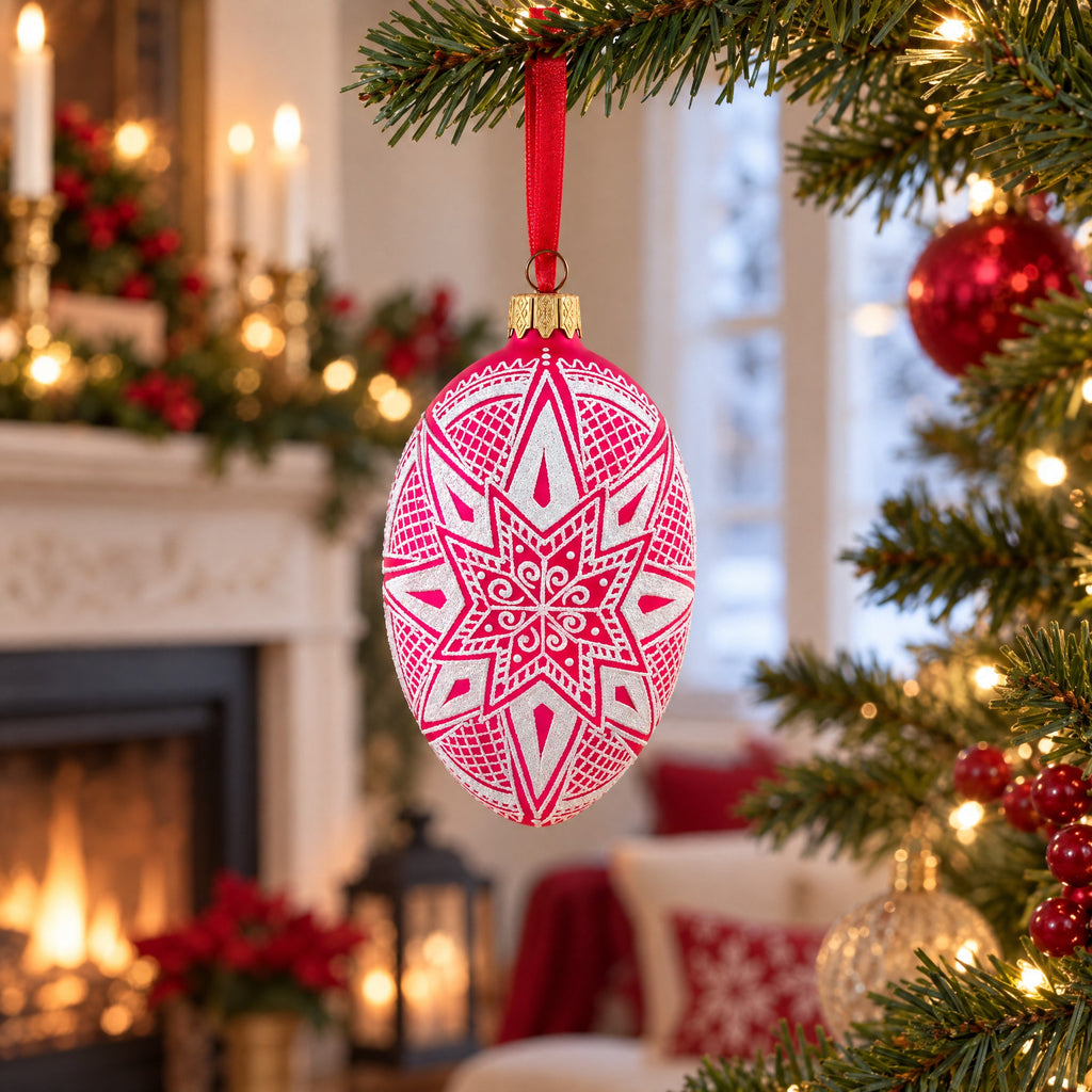 White Star Ukrainian Glass Egg Ornament 4 Inches