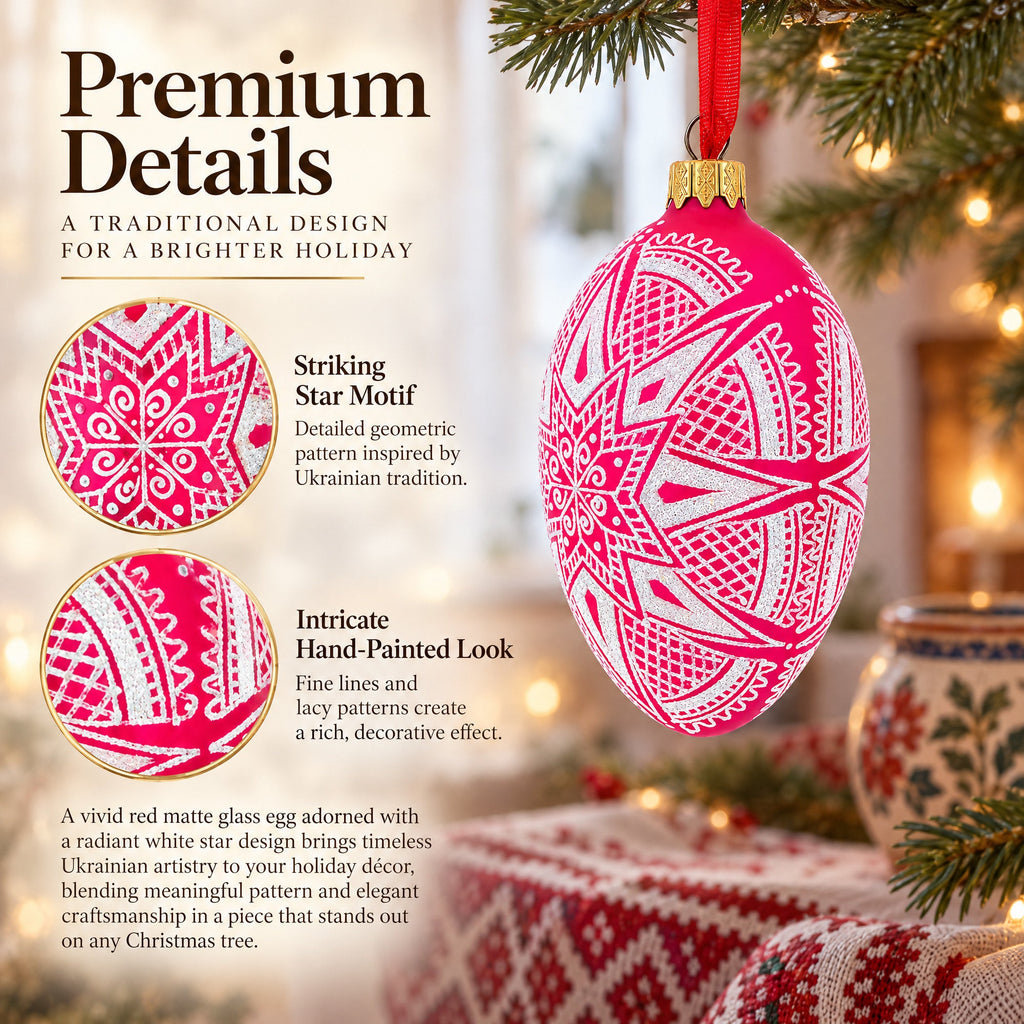 White Star Ukrainian Glass Egg Ornament 4 Inches