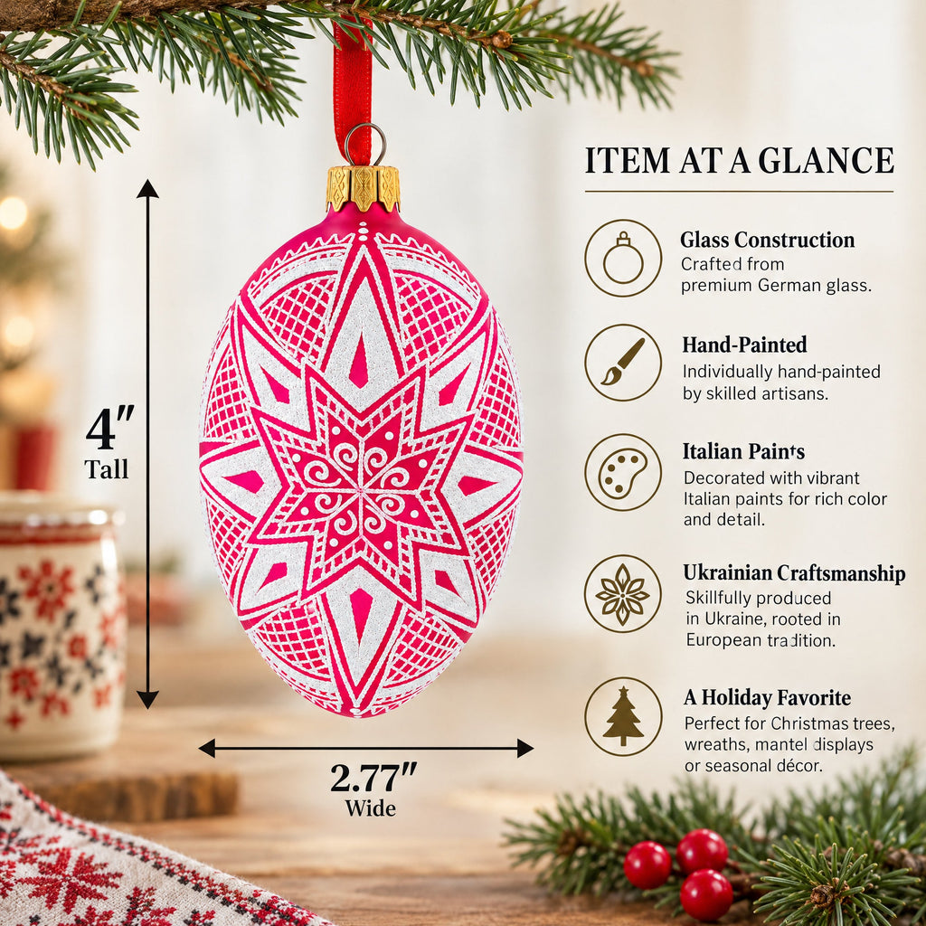 White Star Ukrainian Glass Egg Ornament 4 Inches