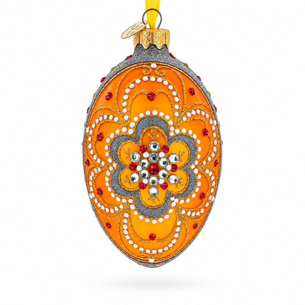 White Flower On Orange Glass Egg Ornament 4 Inches