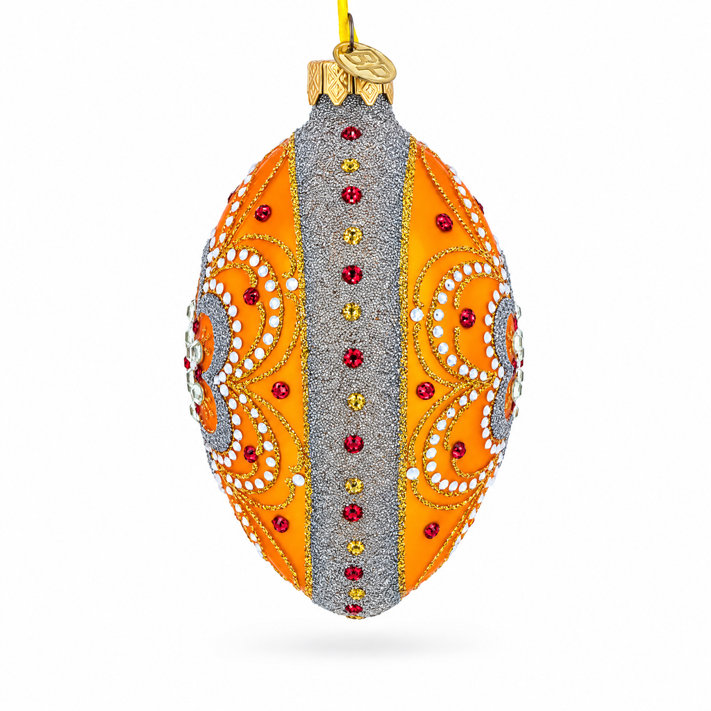 White Flower On Orange Glass Egg Ornament 4 Inches