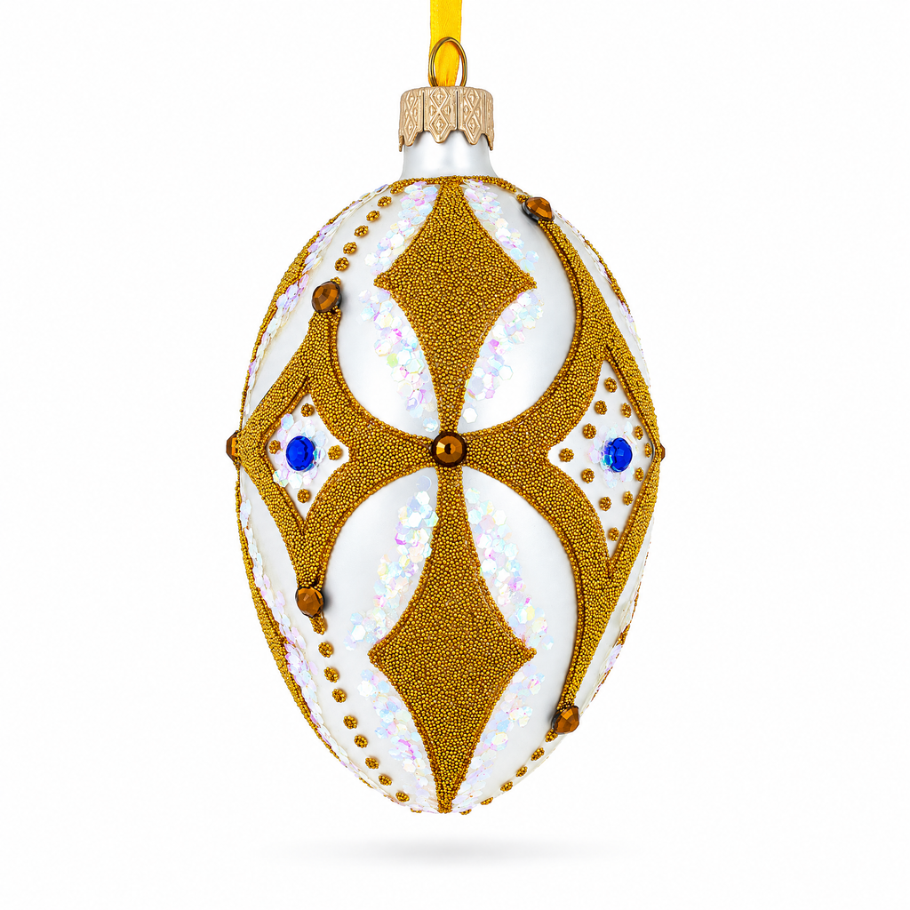 Golden Rhombus On White Glass Egg Ornament 4 Inches