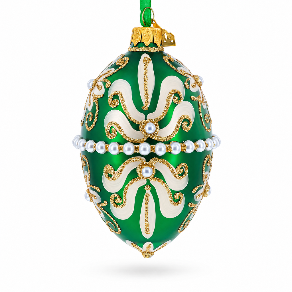 Beaded Center & Golden Flowers On Green Glass Egg Ornament 4 Inches
