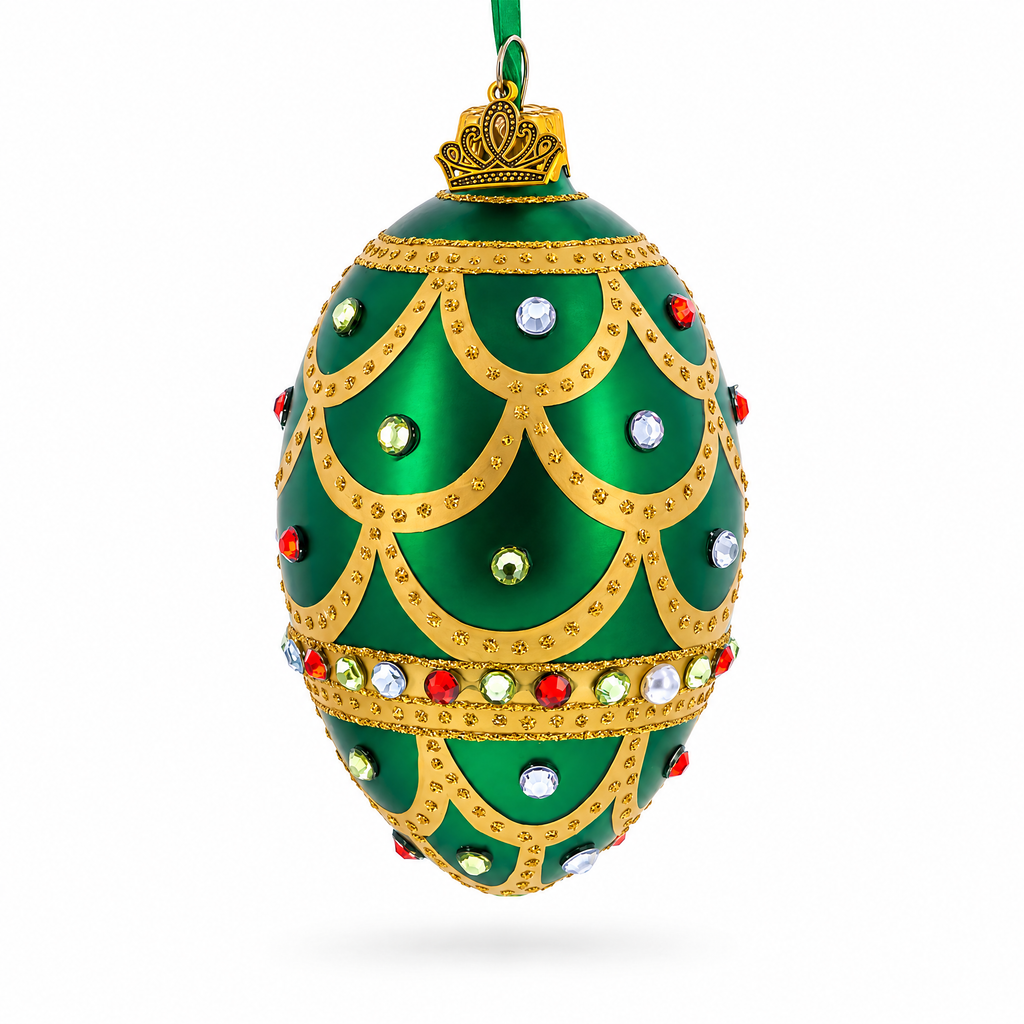 Gold Scallop on Green Jeweled Egg Glass Ornament 4 Inches