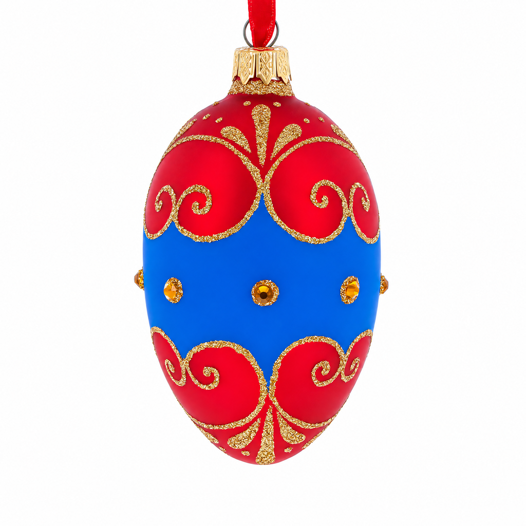 Red and Blue Jeweled Egg Glass Ornament 4 Inches