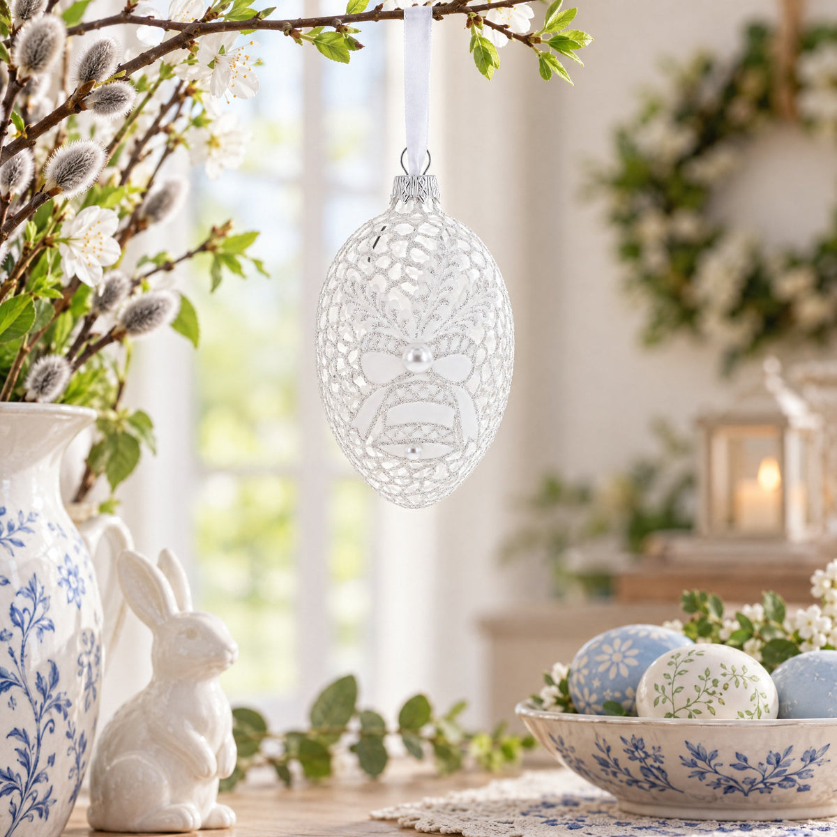 Winter Bells Egg Glass Ornament 4 Inches