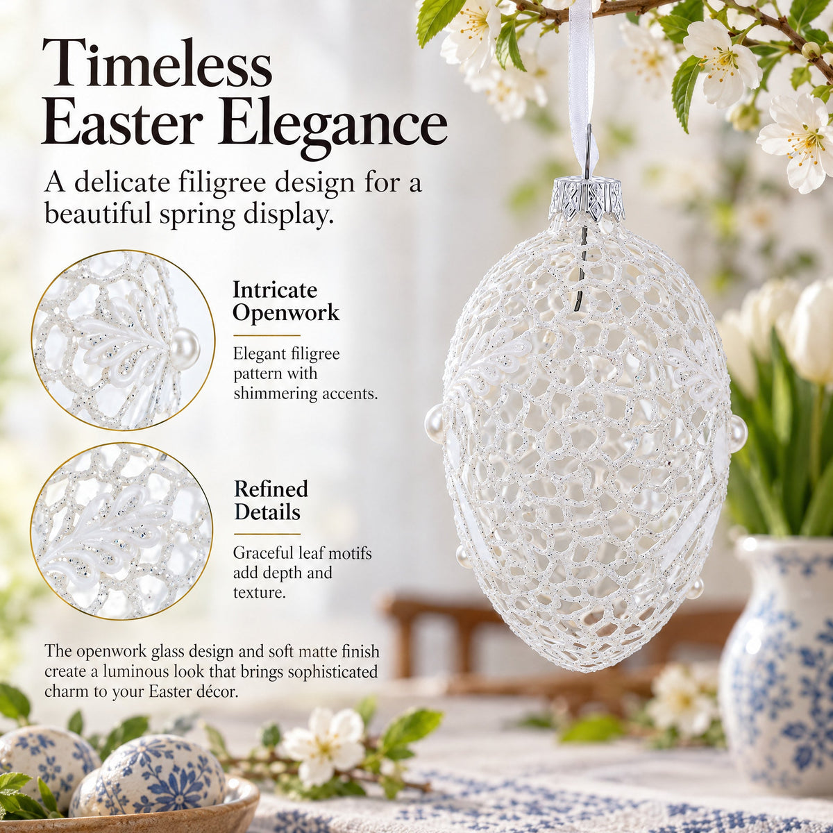 Winter Bells Egg Glass Ornament 4 Inches