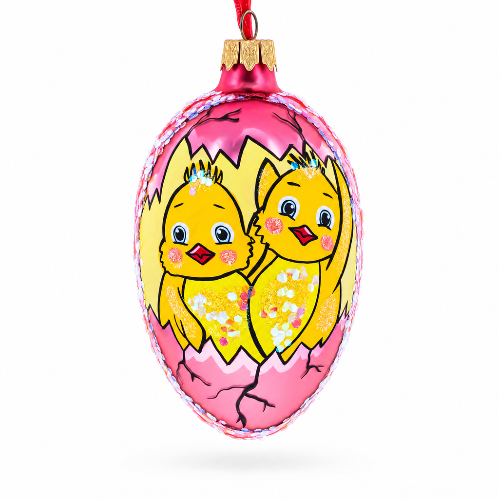 Two Chicks Egg Glass Ornament 4 Inches