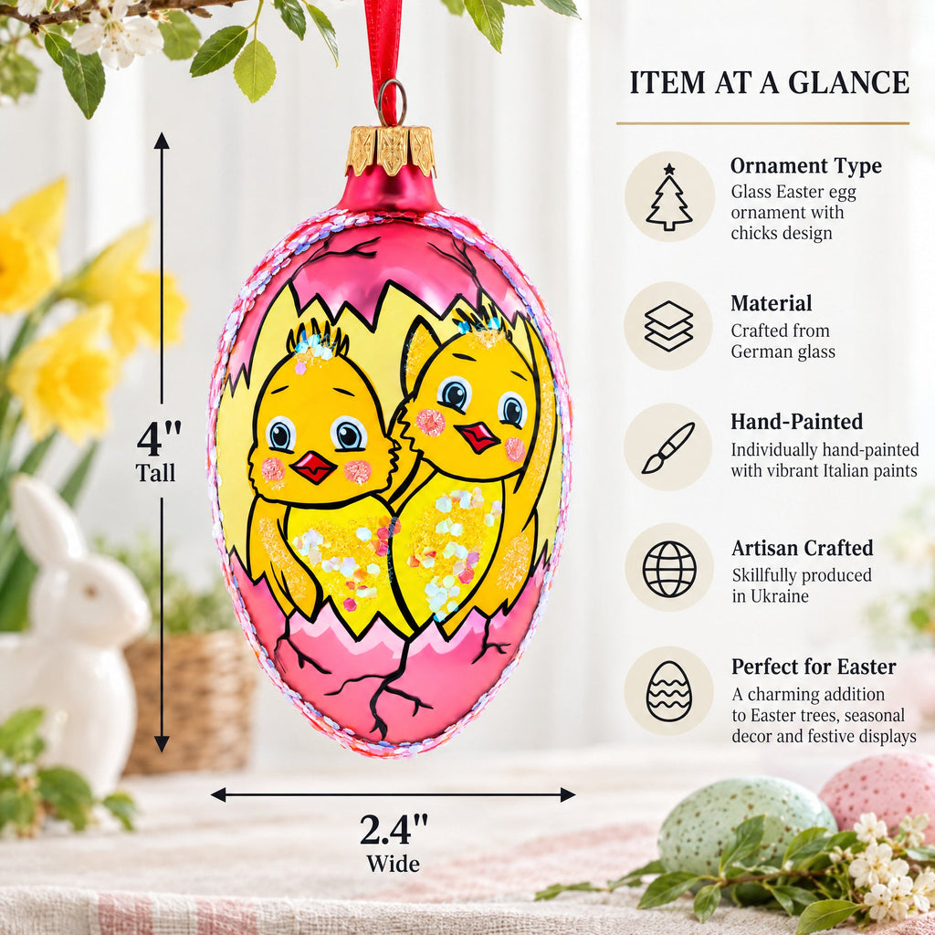 Two Chicks Egg Glass Ornament 4 Inches