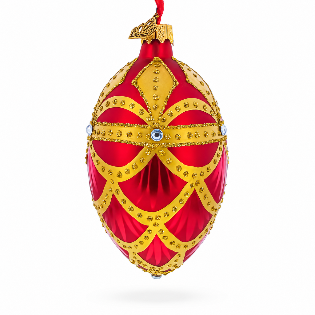 Gold Trellis on Red Egg Glass Ornament 4 Inches