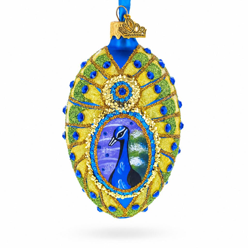 Peacock Glass Egg Ornament 4 Inches