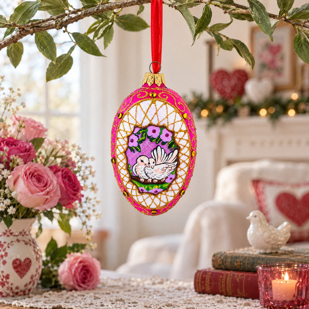 Romantic Doves in Floral Glass Egg Ornament 4 Inches