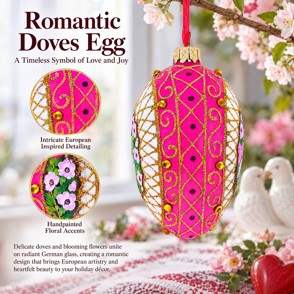 Romantic Doves in Floral Glass Egg Ornament 4 Inches