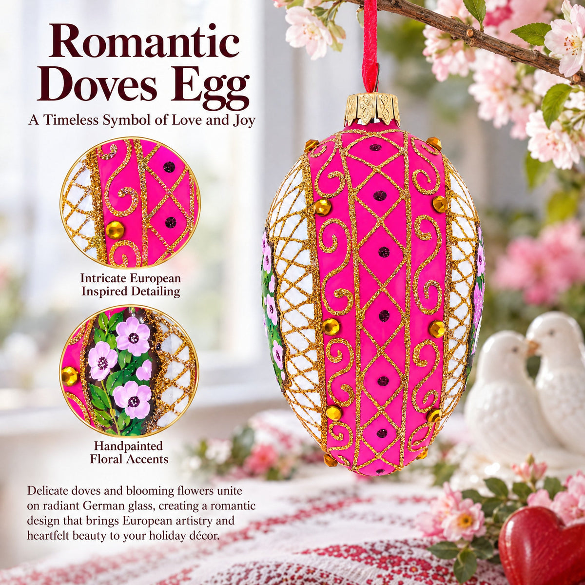 Romantic Doves in Floral Glass Egg Ornament 4 Inches