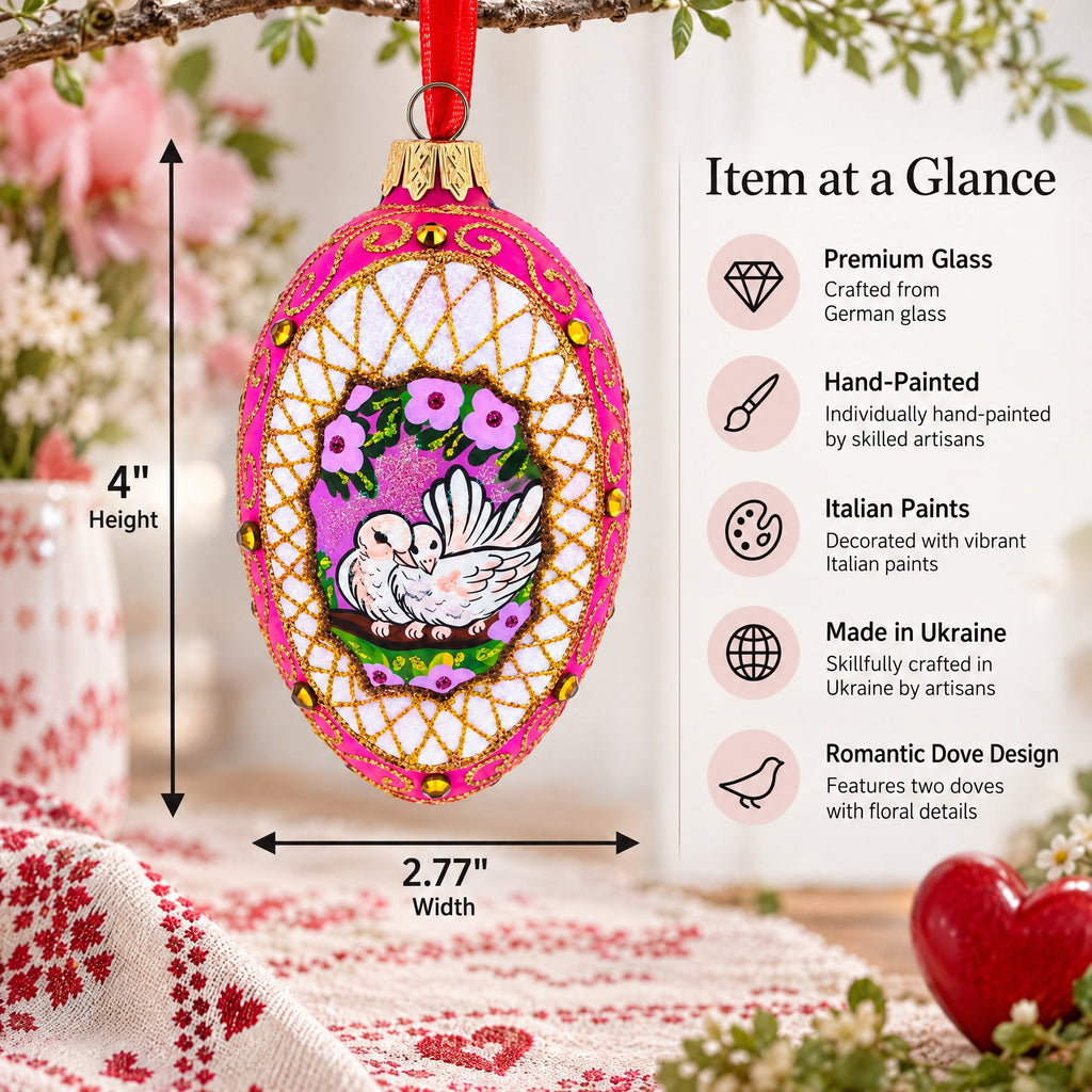 Romantic Doves in Floral Glass Egg Ornament 4 Inches