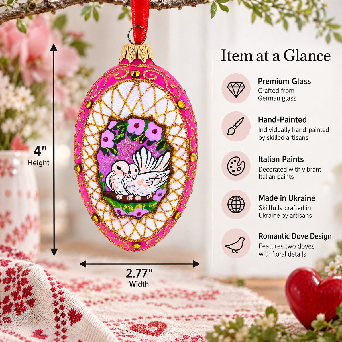 Romantic Doves in Floral Glass Egg Ornament 4 Inches