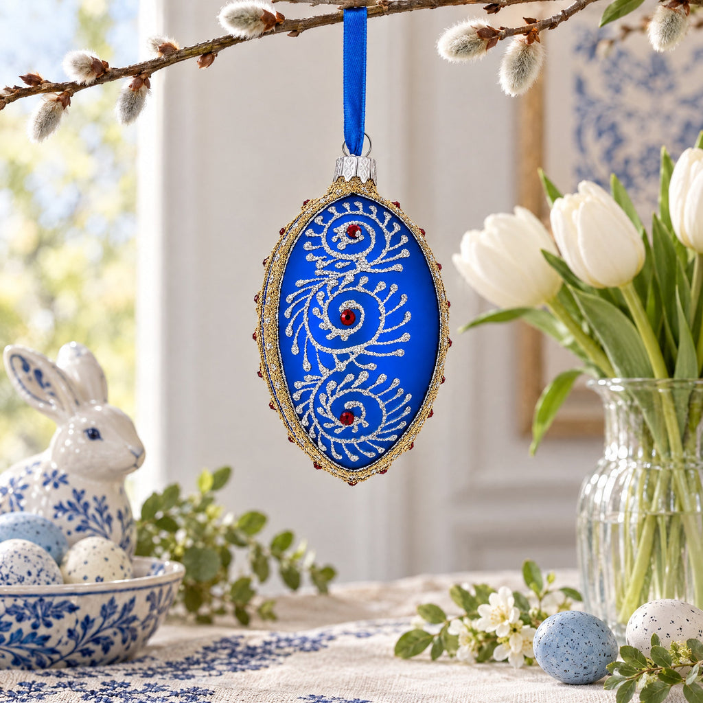 Silver on Blue Jeweled Glass Egg Ornament 4 Inches