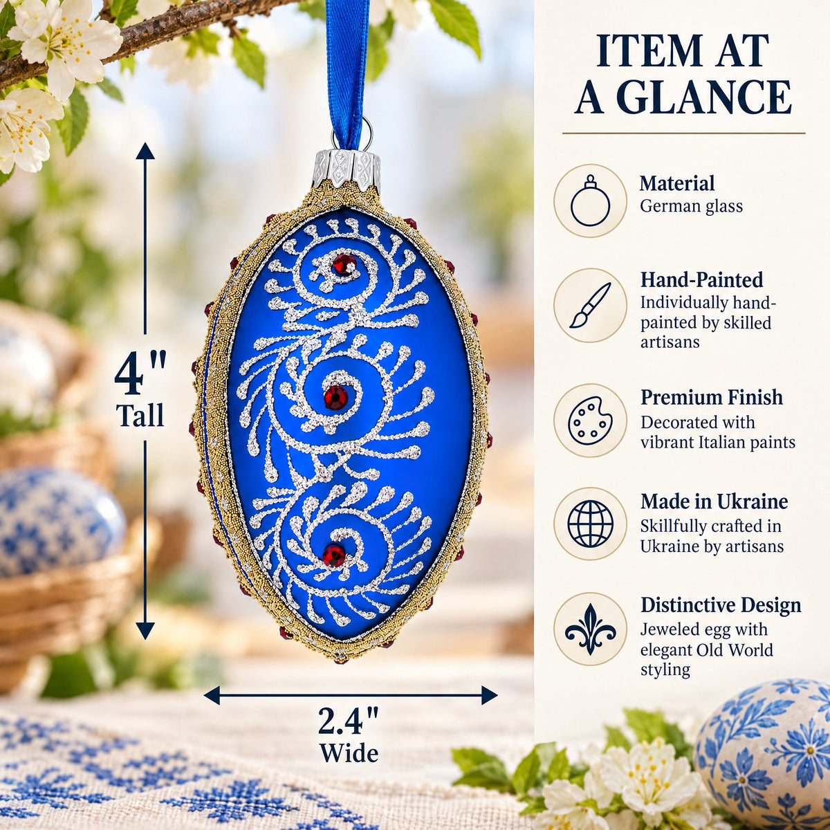 Silver on Blue Jeweled Glass Egg Ornament 4 Inches
