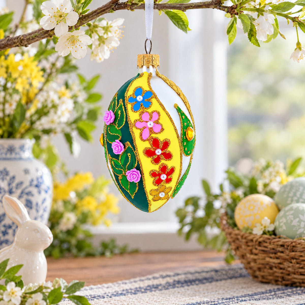 Roses On Spiral Leaves Glass Egg Ornament 4 Inches
