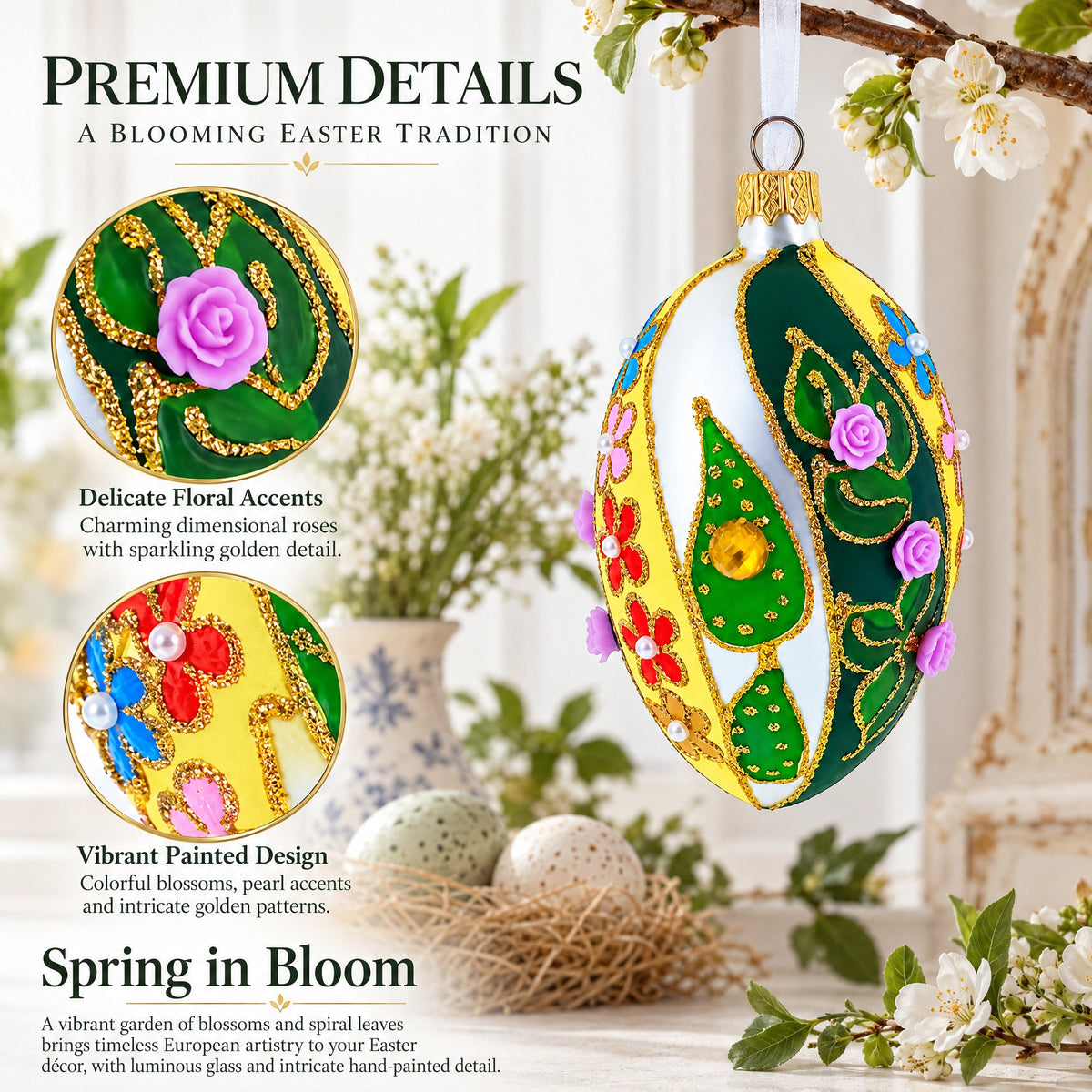 Roses On Spiral Leaves Glass Egg Ornament 4 Inches