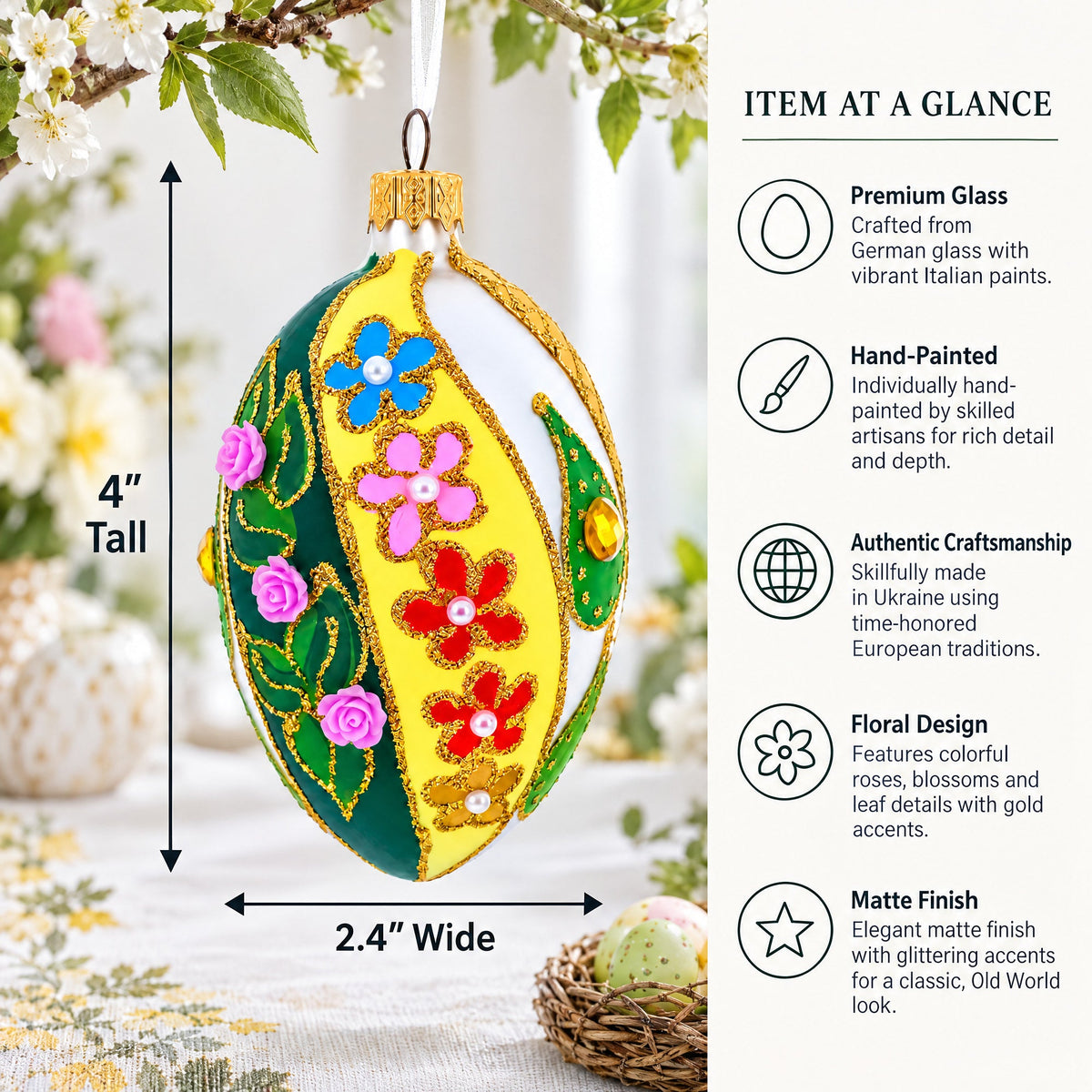 Roses On Spiral Leaves Glass Egg Ornament 4 Inches