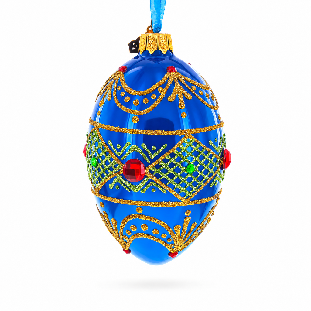 Jeweled Red on Blue Glass Egg Ornament 4 Inches
