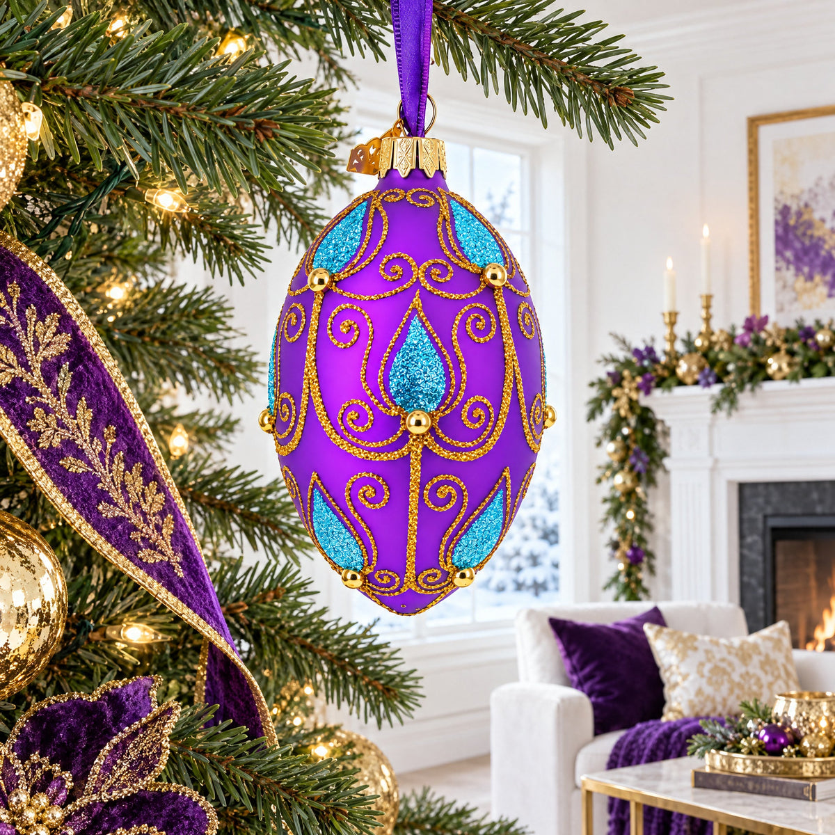 Blue Leaf on Purple Glass Egg Ornament 4 Inches