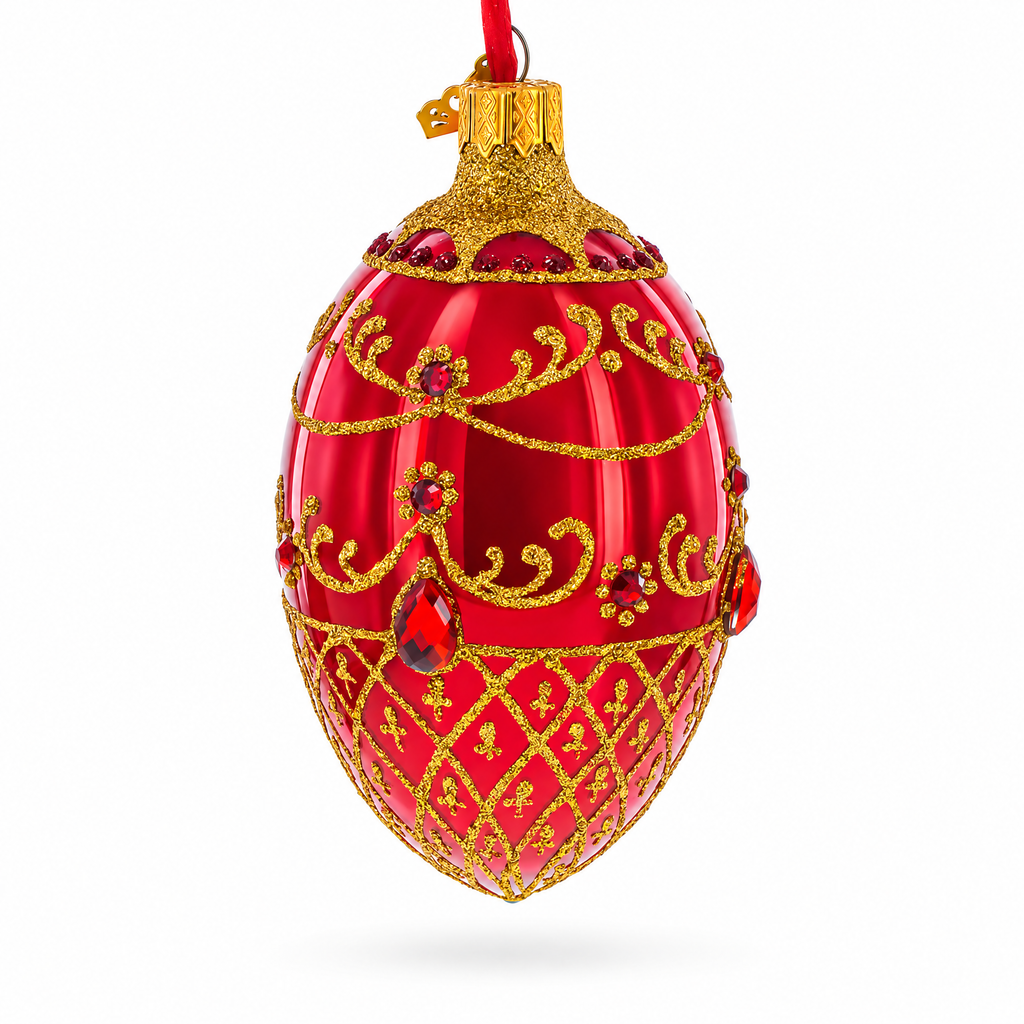 Red Jewels on Glossy Red Glass Egg Ornament 4 Inches