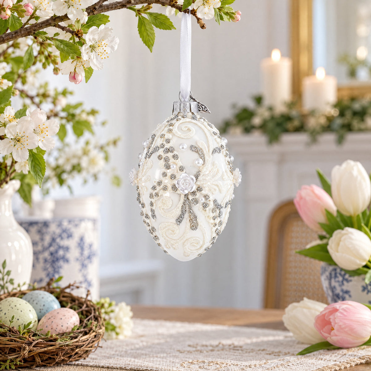 Silver Glitter Scrolls, Pearls & Rose Accents Winter Elegance Glass Egg Ornament 4 Inches