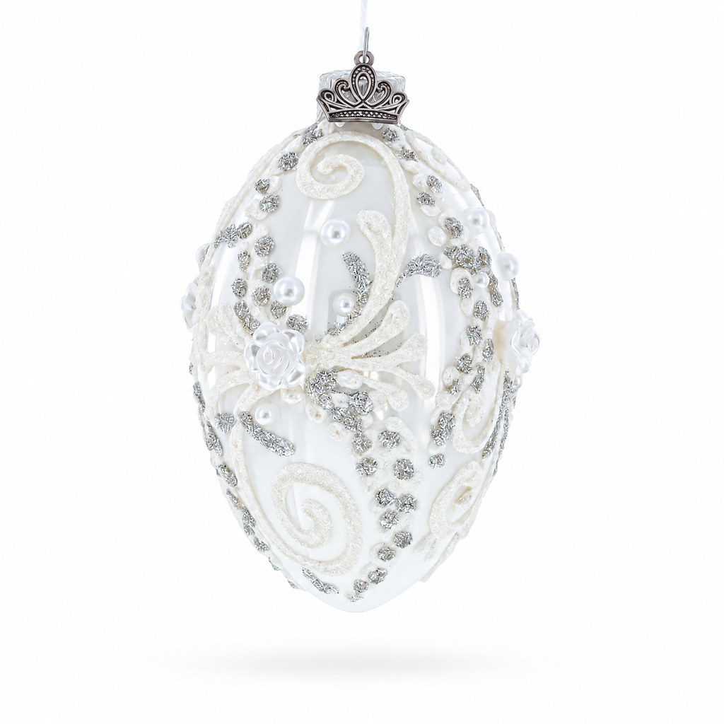 Silver Glitter Scrolls, Pearls & Rose Accents Winter Elegance Glass Egg Ornament 4 Inches