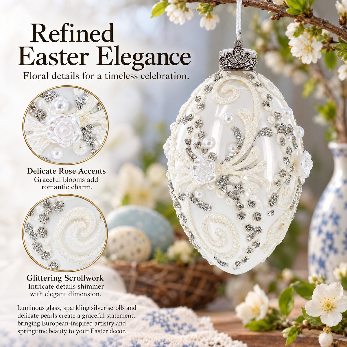 Silver Glitter Scrolls, Pearls & Rose Accents Winter Elegance Glass Egg Ornament 4 Inches
