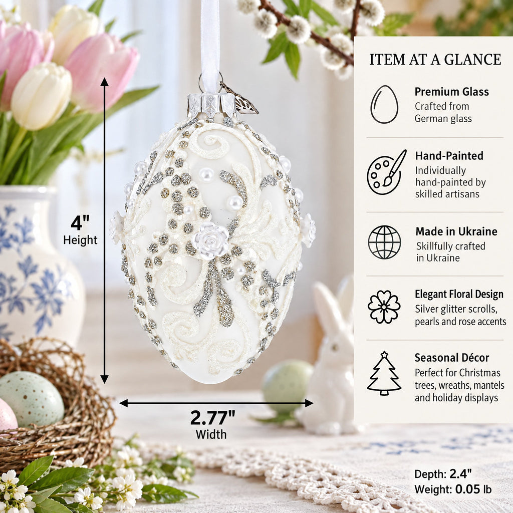 Silver Glitter Scrolls, Pearls & Rose Accents Winter Elegance Glass Egg Ornament 4 Inches