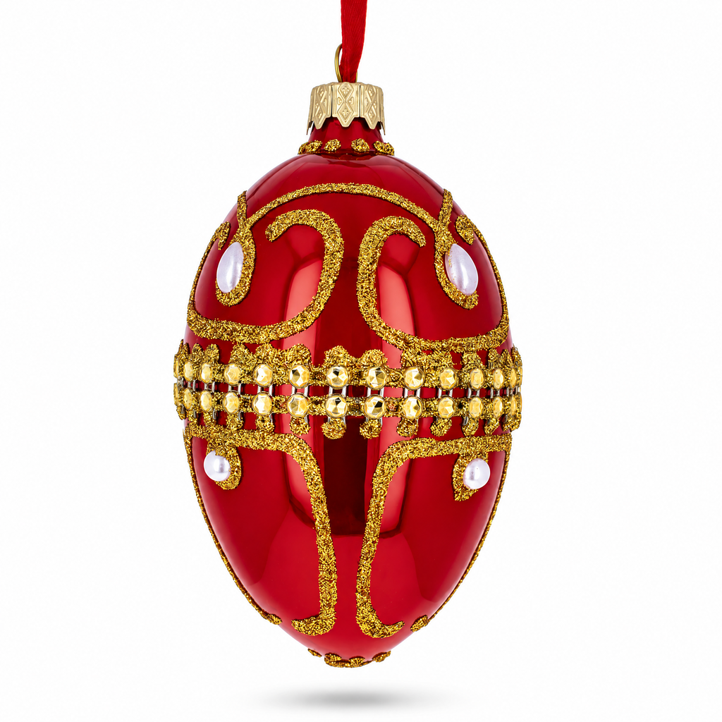 Jeweled White Beads Glossy Red Glass Egg Ornament 4 Inches