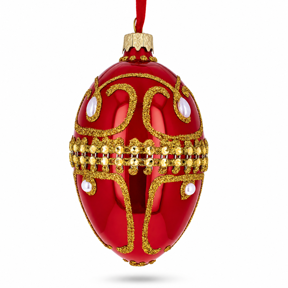 Jeweled White Beads Glossy Red Glass Egg Ornament 4 Inches