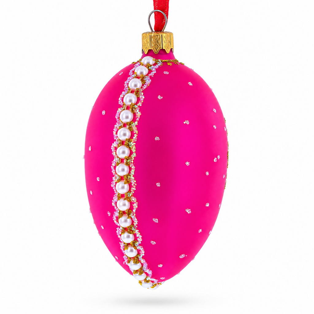 Italian Fashion House Pearl Buckle on Pink Glass Egg Christmas Ornament 4 Inches