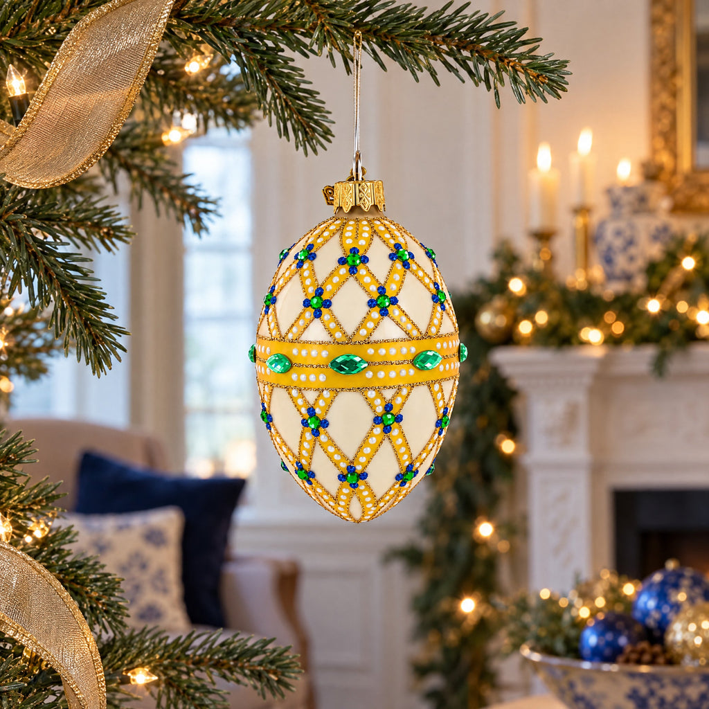 Yellow Trellis, Green Gems & Royal Blue Accents Glass Egg Ornament 4 Inches