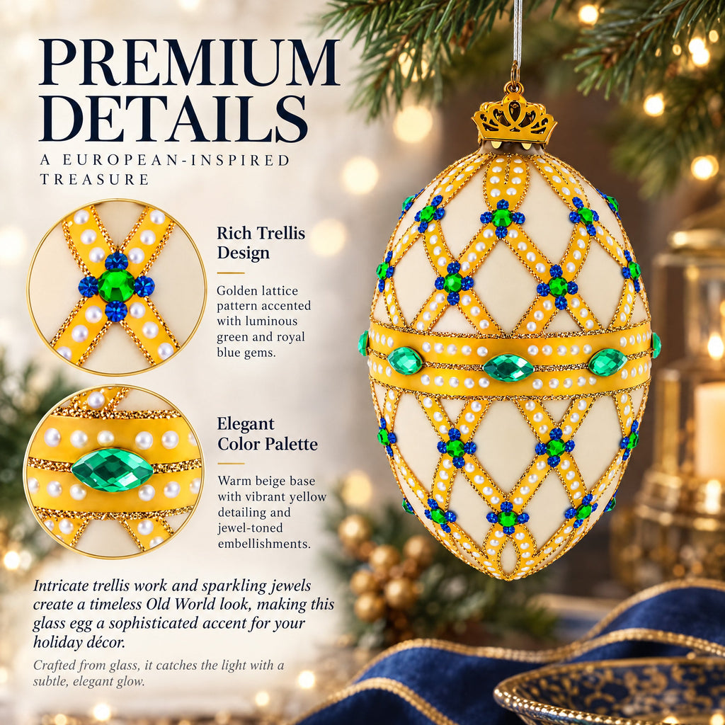 Yellow Trellis, Green Gems & Royal Blue Accents Glass Egg Ornament 4 Inches