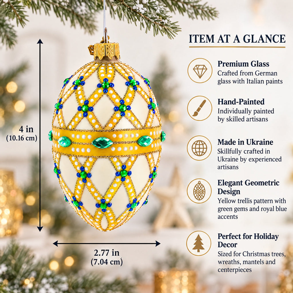Yellow Trellis, Green Gems & Royal Blue Accents Glass Egg Ornament 4 Inches