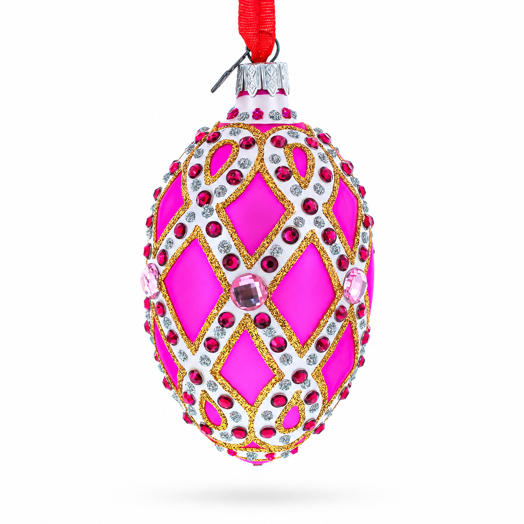 Bejeweled Trellis on Pink Glass Egg Christmas Ornament 4 Inches