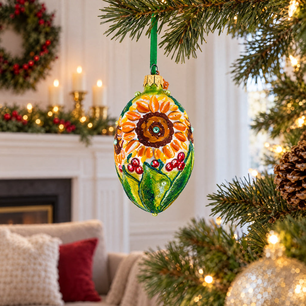 Sunflowers and Berries Glass Egg Ornament 4 Inches