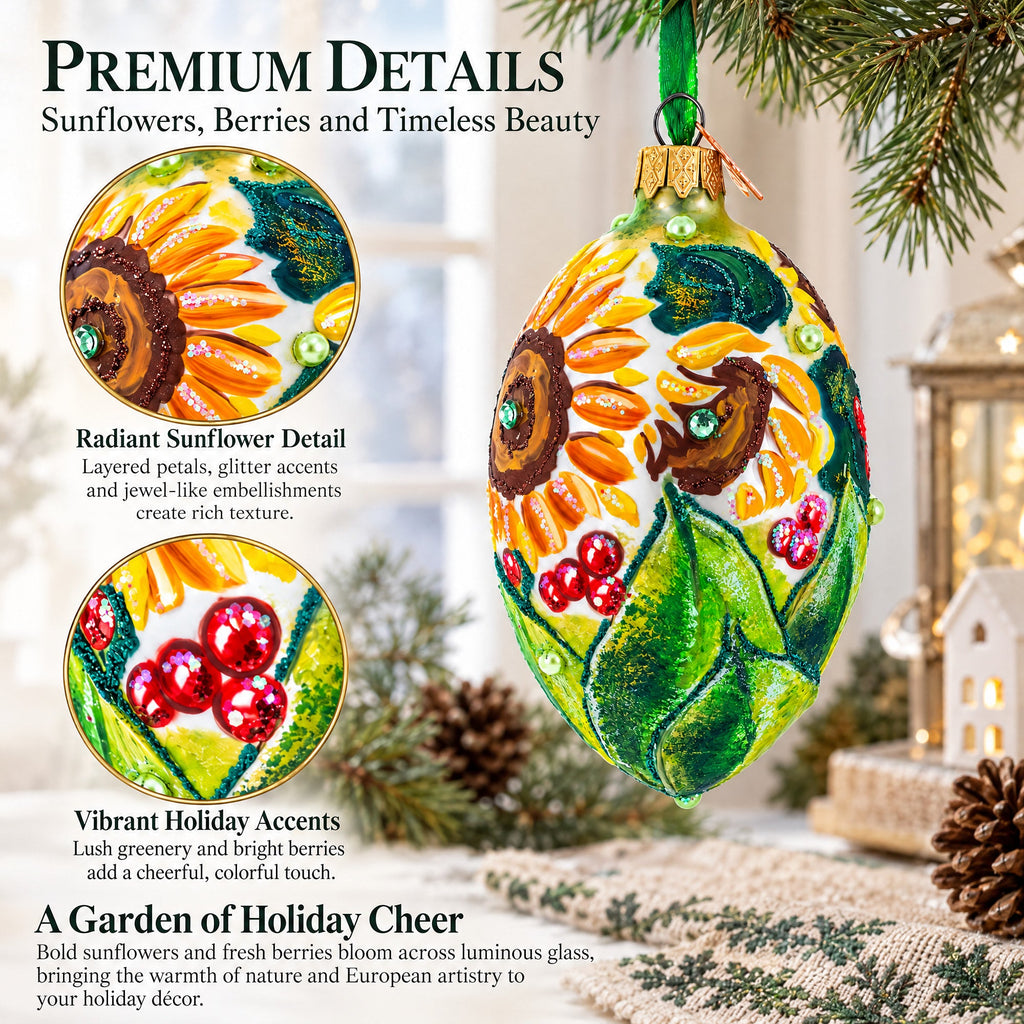 Sunflowers and Berries Glass Egg Ornament 4 Inches