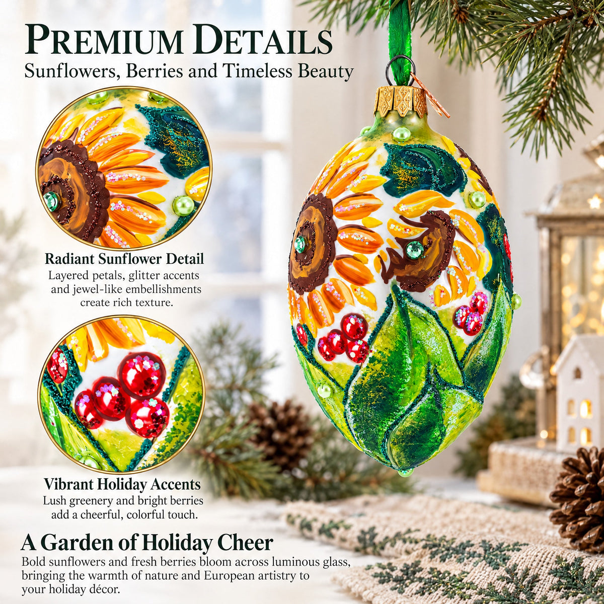 Sunflowers and Berries Glass Egg Ornament 4 Inches