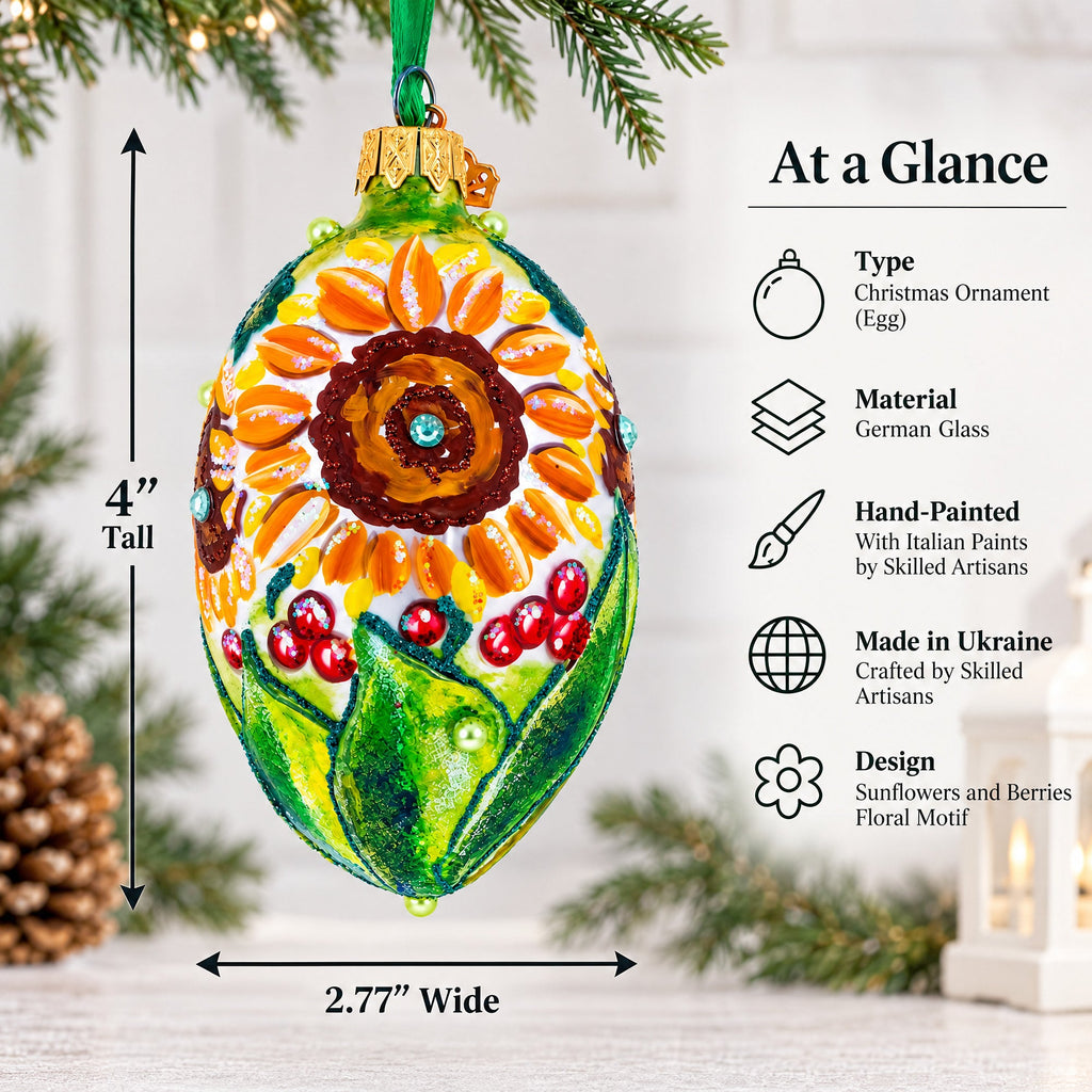 Sunflowers and Berries Glass Egg Ornament 4 Inches