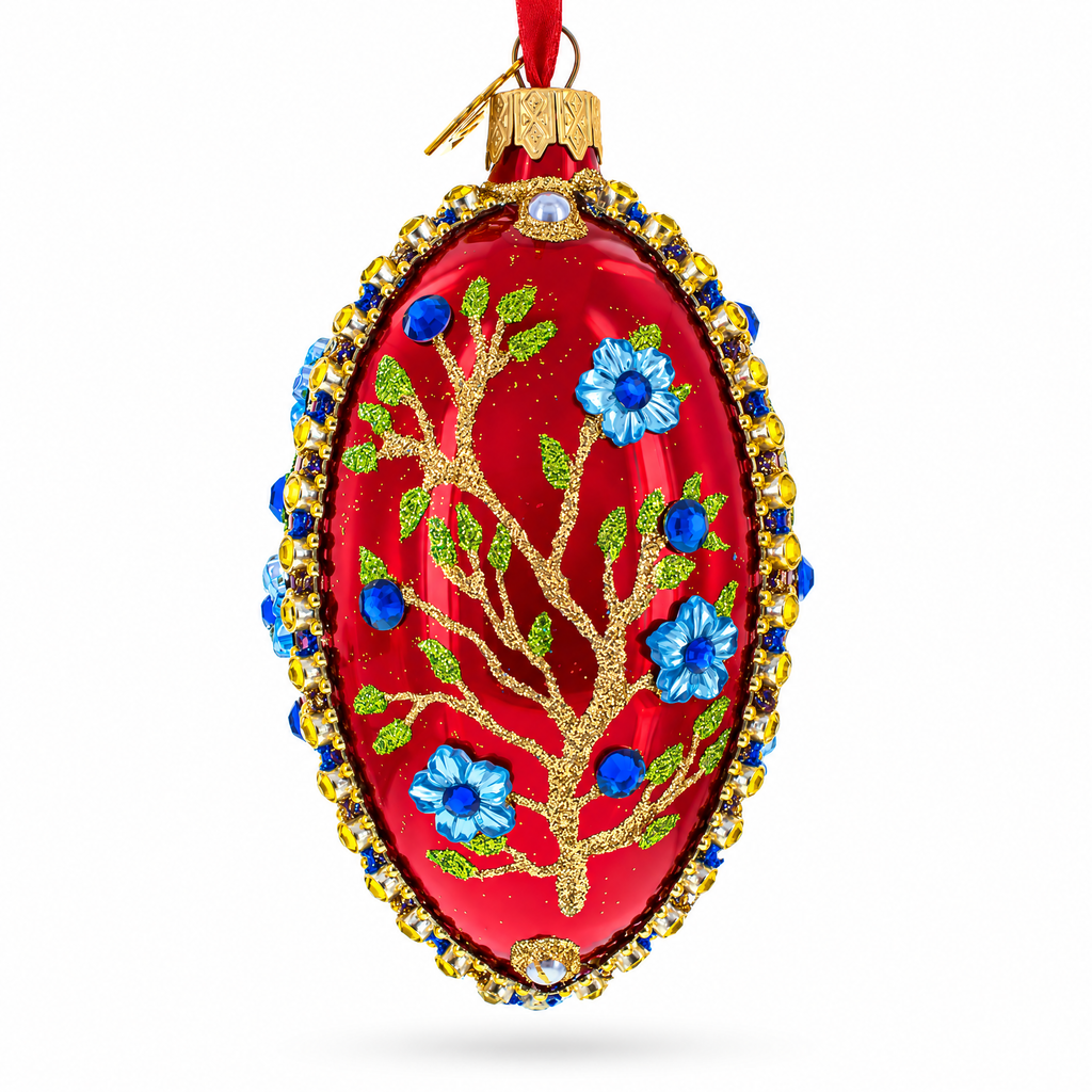 Blue Bejeweled Flowers on Red Glass Egg Ornament 4 Inches