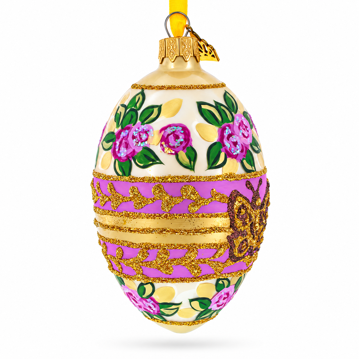 Bee and Roses Glass Egg Ornaments 4 Inches