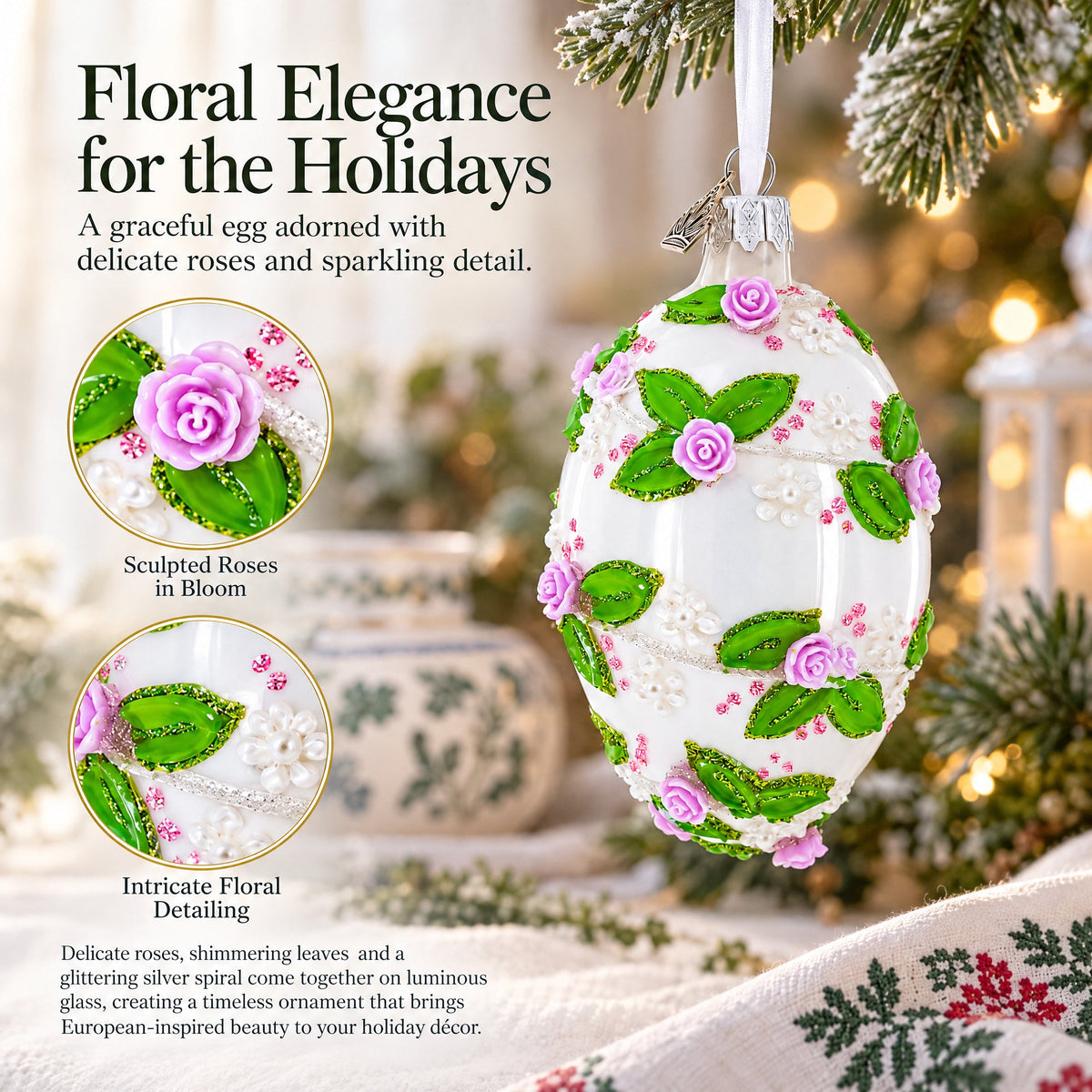 3D Roses in Silver Spiral Glass Egg Ornament 4 Inches