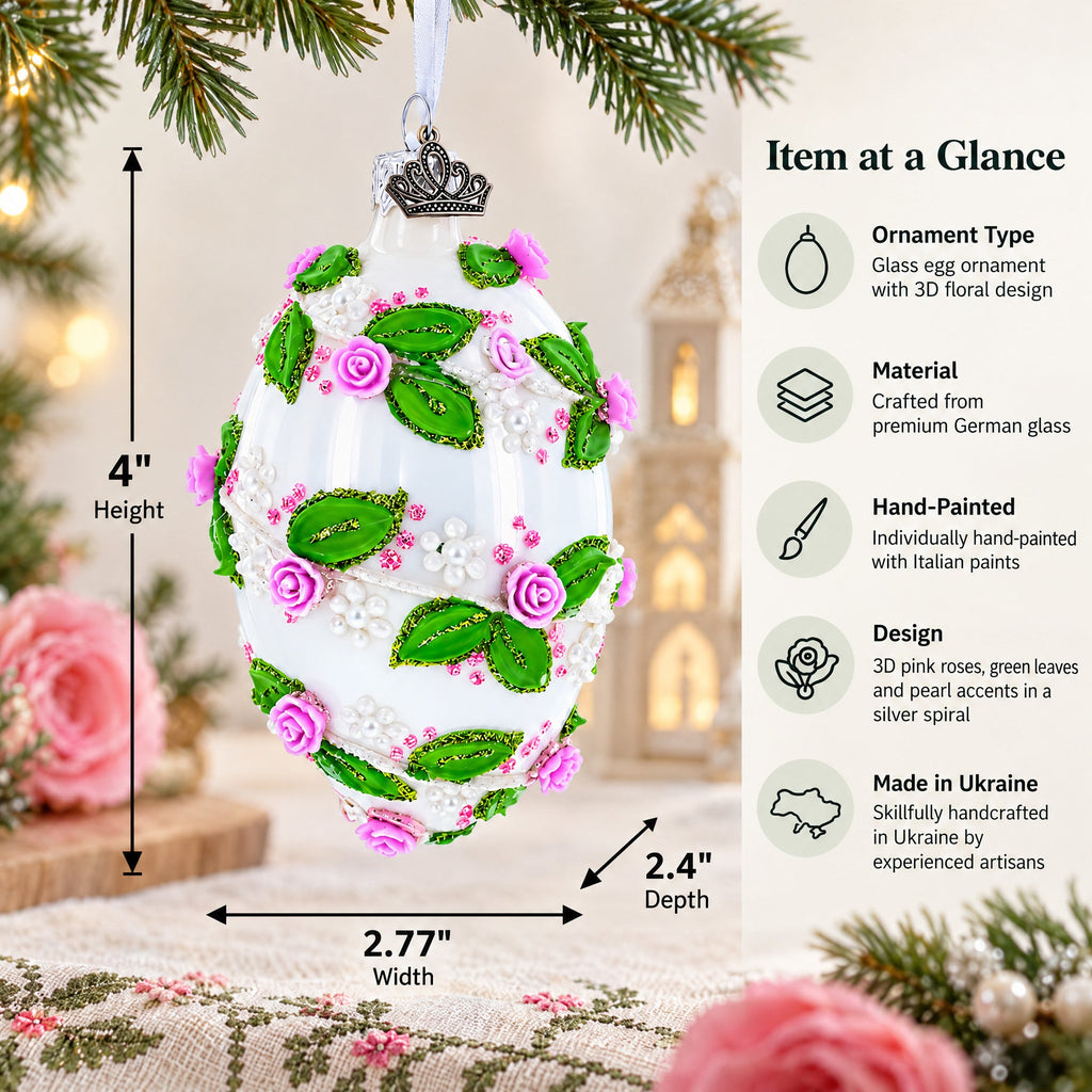 3D Roses in Silver Spiral Glass Egg Ornament 4 Inches