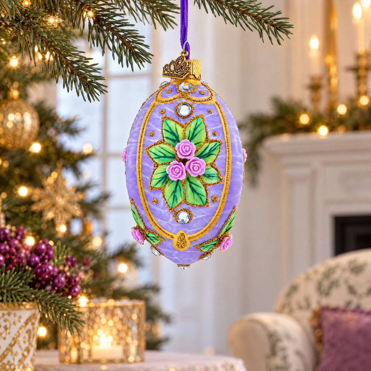 3D Roses Bouquet on Purple Glass Egg Ornament 4 Inches