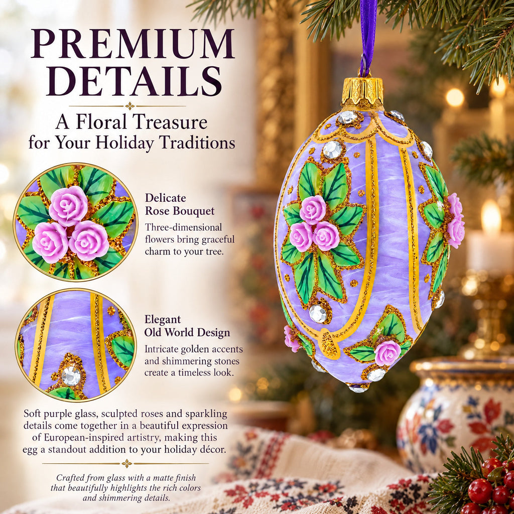 3D Roses Bouquet on Purple Glass Egg Ornament 4 Inches